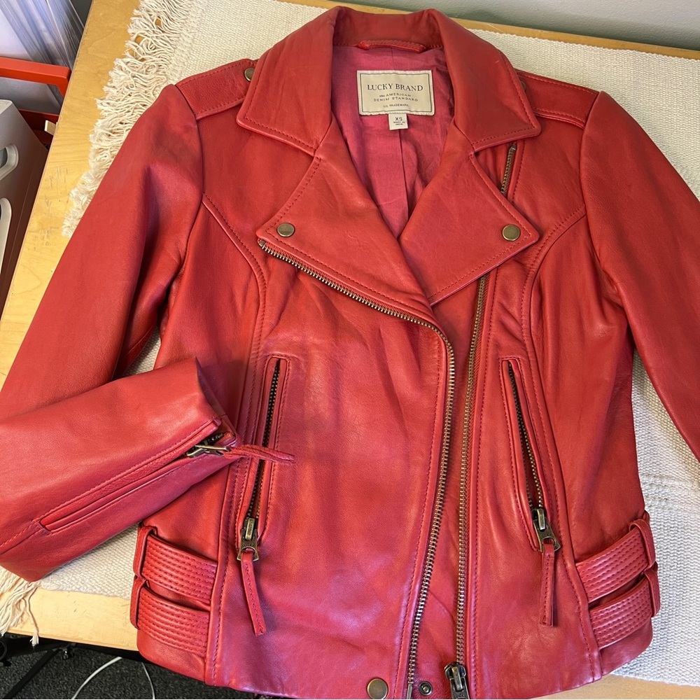 Lucky Brand 100% Lamb Leather Red Moto Jacket - Picture 10 of 16